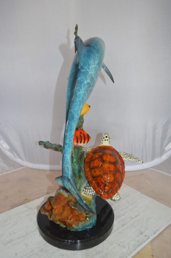 Dolphin , Turtle And Fish Bronze Statue -  Size: 18"L x 16"W x 25"H.