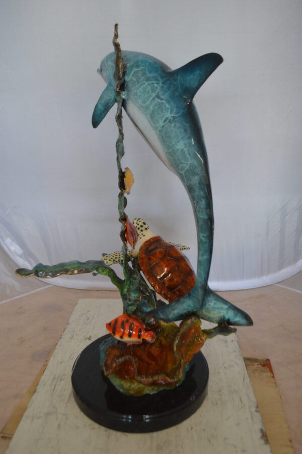 Dolphin , Turtle And Fish Bronze Statue -  Size: 18"L x 16"W x 25"H.