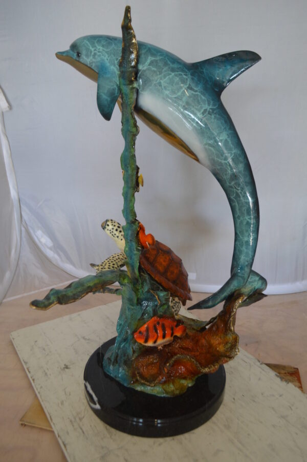 Dolphin , Turtle And Fish Bronze Statue -  Size: 18"L x 16"W x 25"H.