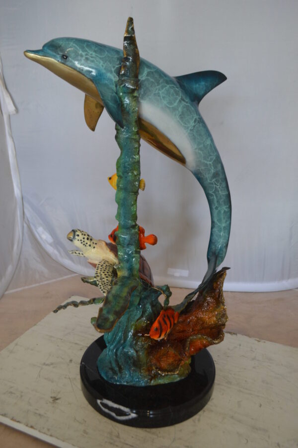 Dolphin , Turtle And Fish Bronze Statue -  Size: 18"L x 16"W x 25"H.