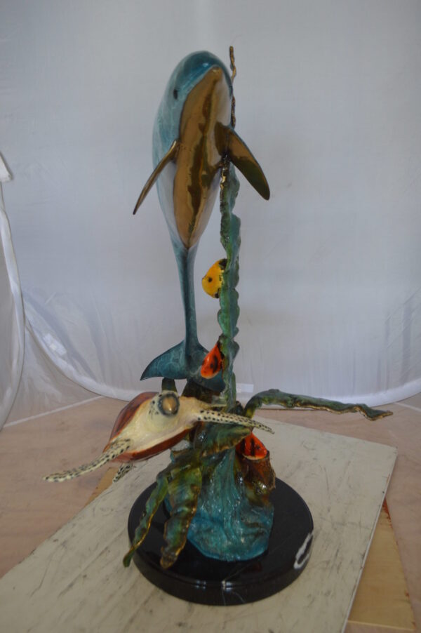 Dolphin , Turtle And Fish Bronze Statue -  Size: 18"L x 16"W x 25"H.