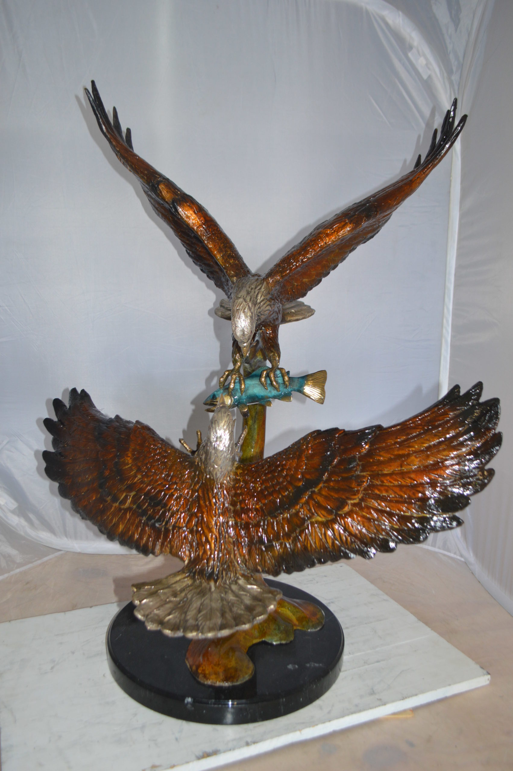 Two Eagles Fighting on Fish Bronze Statue - Size: 33L x 28W x 42