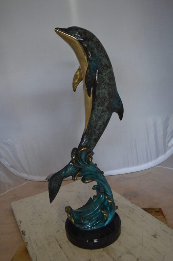 Dolphin Fountain  On A Marble Base Bronze Statue -  Size: 12"L x 8"W x 30"H.