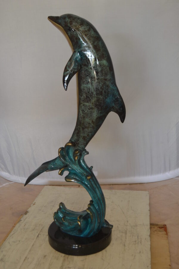 Dolphin Fountain  On A Marble Base Bronze Statue -  Size: 12"L x 8"W x 30"H.