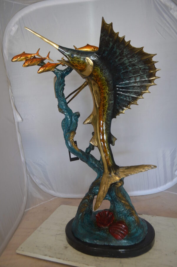 Sailfish With Small Fish Bronze Statue -  Size: 29"L x 17"W x 40"H.