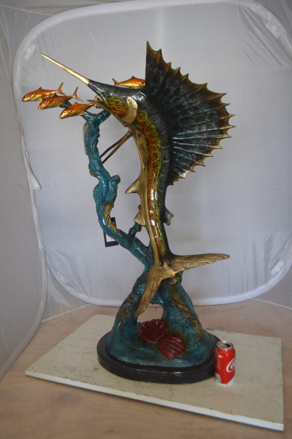 Sailfish With Small Fish Bronze Statue -  Size: 29"L x 17"W x 40"H.