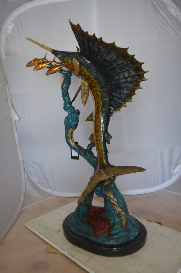 Sailfish With Small Fish Bronze Statue -  Size: 29"L x 17"W x 40"H.