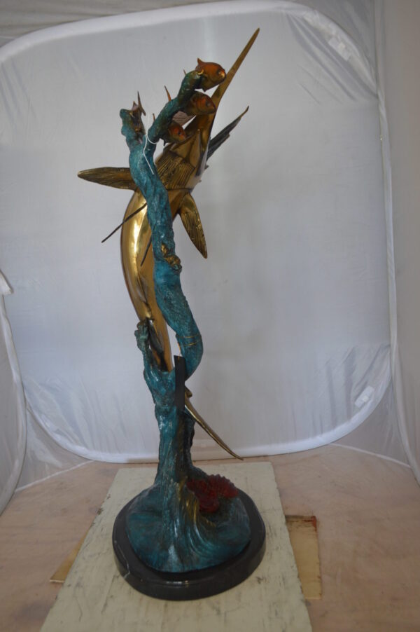 Sailfish With Small Fish Bronze Statue -  Size: 29"L x 17"W x 40"H.