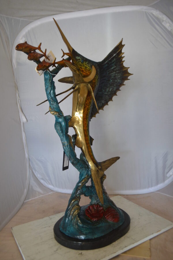 Sailfish With Small Fish Bronze Statue -  Size: 29"L x 17"W x 40"H.