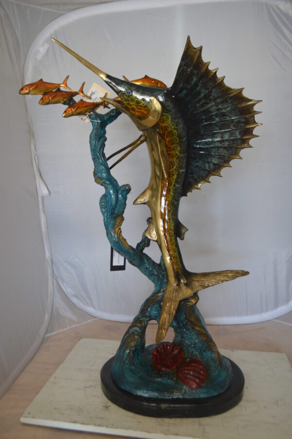 Sailfish With Small Fish Bronze Statue -  Size: 29"L x 17"W x 40"H.