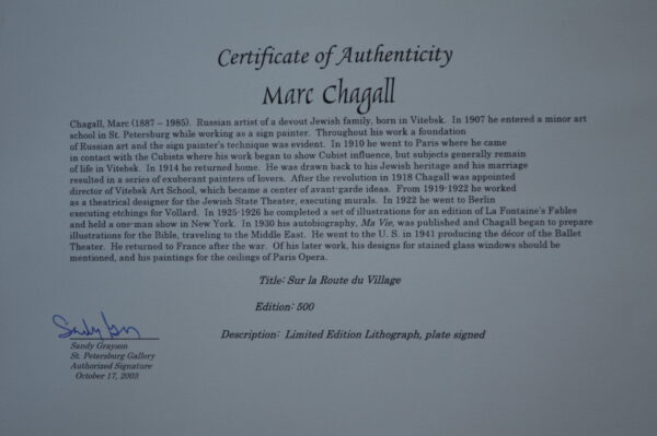 Sur la Route du Village by Marc Chagall Limited Ed. Lithograph -  40"x 34"x 2"