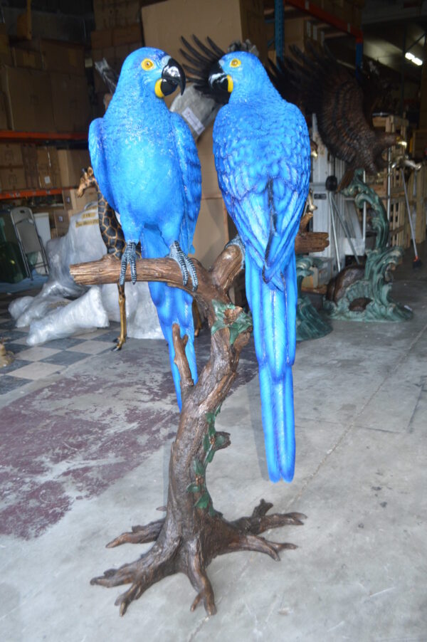 Pair of Blue Parrots on a tree - Bronze Statue -  Size: 43"L x 28"W x 67"H.