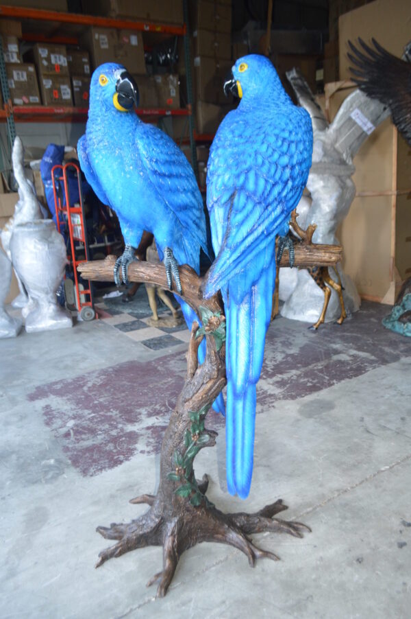 Pair of Blue Parrots on a tree - Bronze Statue -  Size: 43"L x 28"W x 67"H.