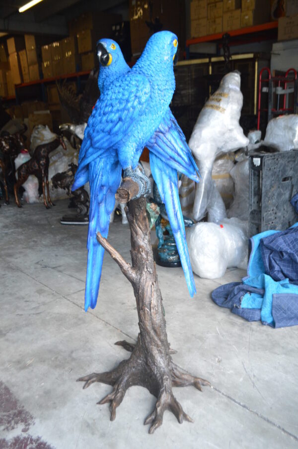 Pair of Blue Parrots on a tree - Bronze Statue -  Size: 43"L x 28"W x 67"H.