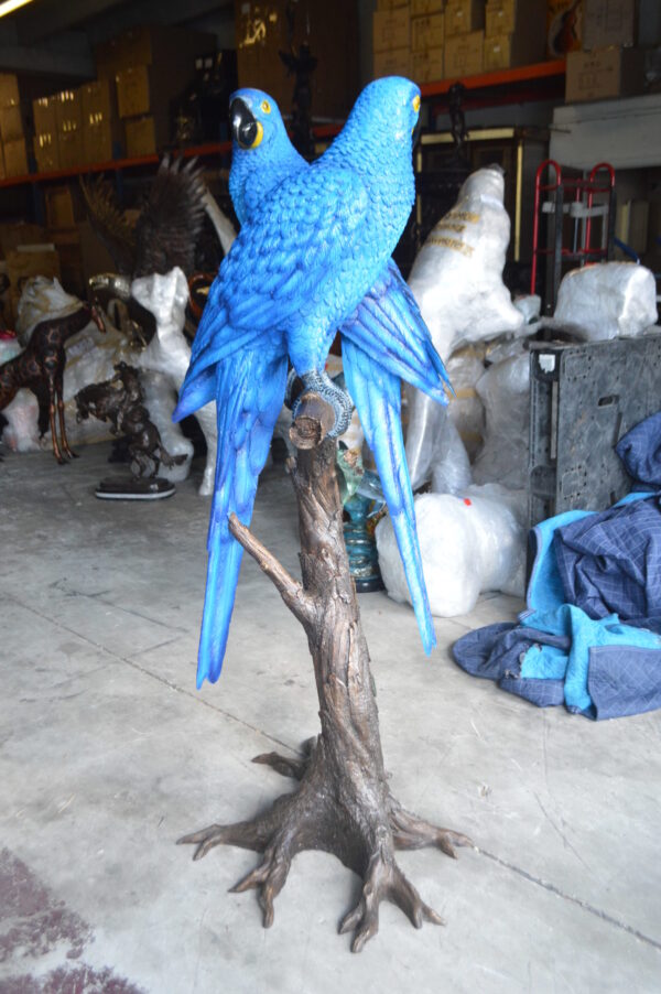 Pair of Blue Parrots on a tree - Bronze Statue -  Size: 43"L x 28"W x 67"H.