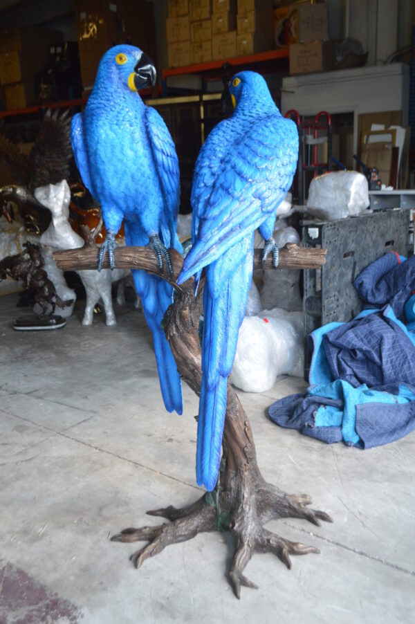 Pair of Blue Parrots on a tree - Bronze Statue -  Size: 43"L x 28"W x 67"H.