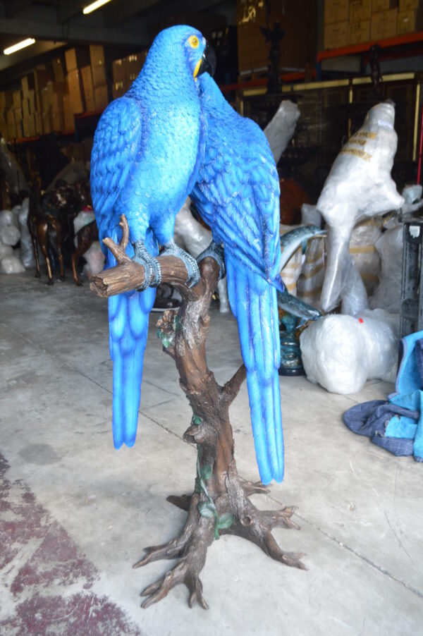 Pair of Blue Parrots on a tree - Bronze Statue -  Size: 43"L x 28"W x 67"H.