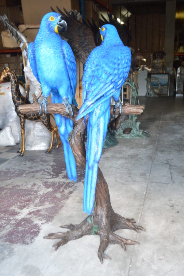 Pair of Blue Parrots on a tree - Bronze Statue -  Size: 43"L x 28"W x 67"H.