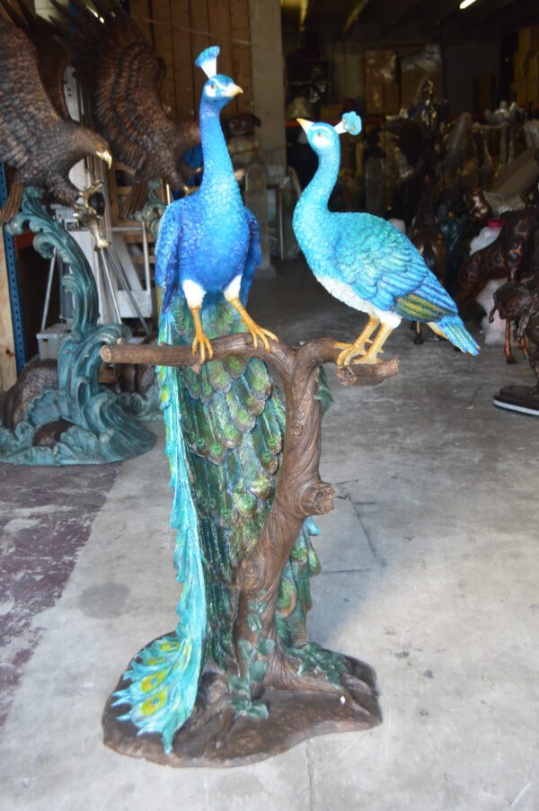 Pair of Peacocks on a Tree Bronze Statue -  Size: 30"L x 27"W x 66"H.