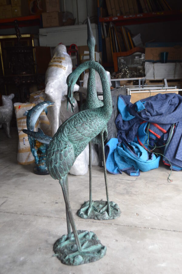 Pair of Cranes fountains Bronze Statue â€“ Green Patina -  13"L x 9.5"W x 52"H.