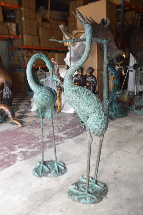 Pair of Cranes fountains Bronze Statue â€“ Green Patina -  13"L x 9.5"W x 52"H.