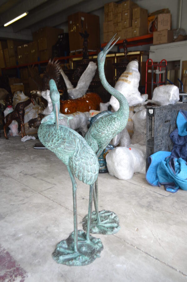 Pair of Cranes fountains Bronze Statue â€“ Green Patina -  13"L x 9.5"W x 52"H.