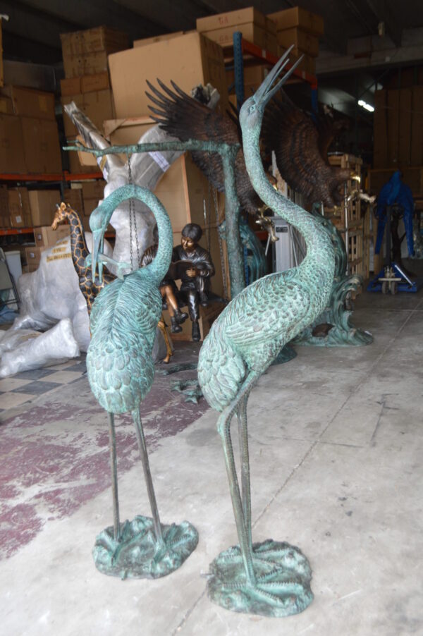 Pair of Cranes fountains Bronze Statue â€“ Green Patina -  13"L x 9.5"W x 52"H.