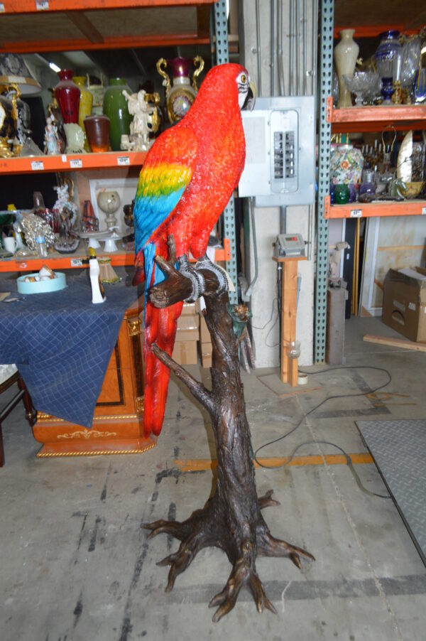 Single Red and Blue Parrot on a tree Bronze Statue -  Size: 30"L x 24"W x 66"H.