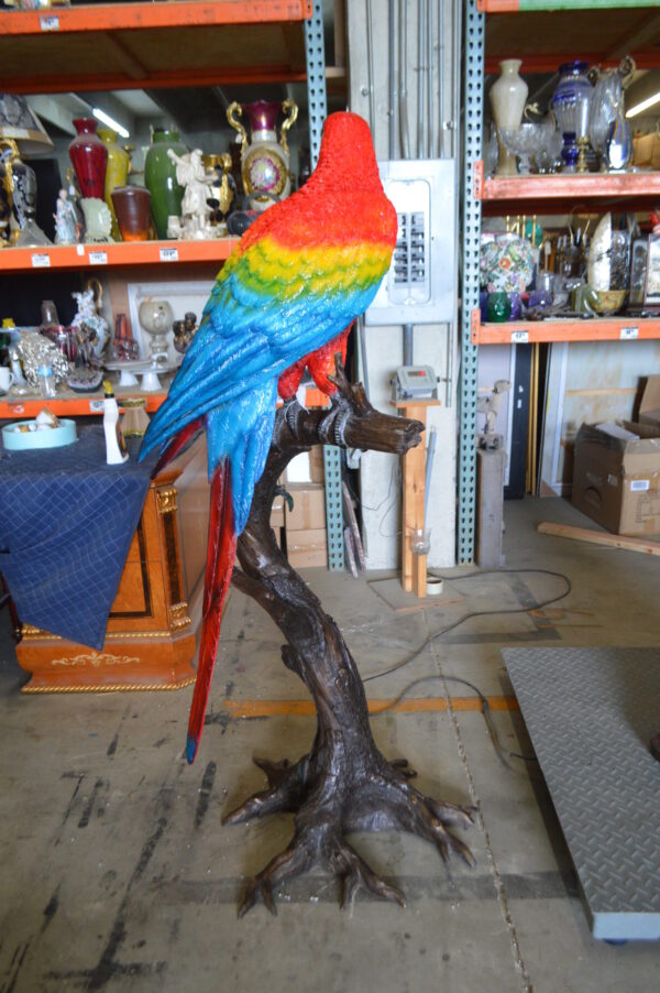 Single Red and Blue Parrot on a tree Bronze Statue -  Size: 30"L x 24"W x 66"H.