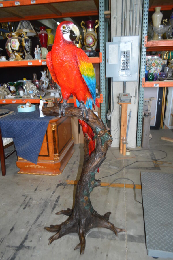 Single Red and Blue Parrot on a tree Bronze Statue -  Size: 30"L x 24"W x 66"H.