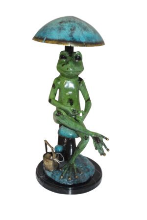 Frog with Umbrella Bronze Statue -  Size: 11"L x 10"W x 22"H.