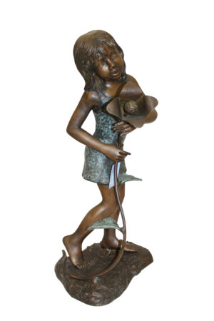 Girl Holding a Flower Fountain Bronze Statue -  Size: 15"L x 15"W x 35"H.