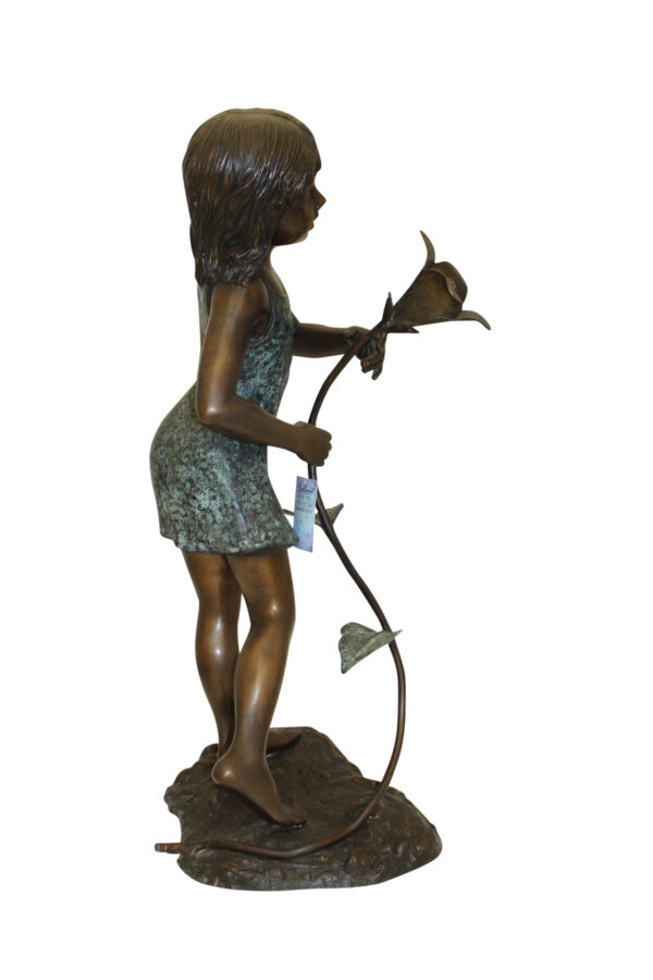 Girl Holding a Flower Fountain Bronze Statue -  Size: 15"L x 15"W x 35"H.