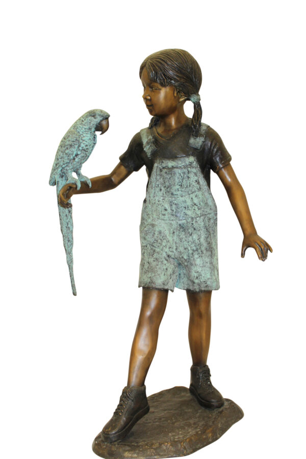 Girl Holding a Parrot Bronze Statue -  Size: 26"L x 19"W x 42"H.