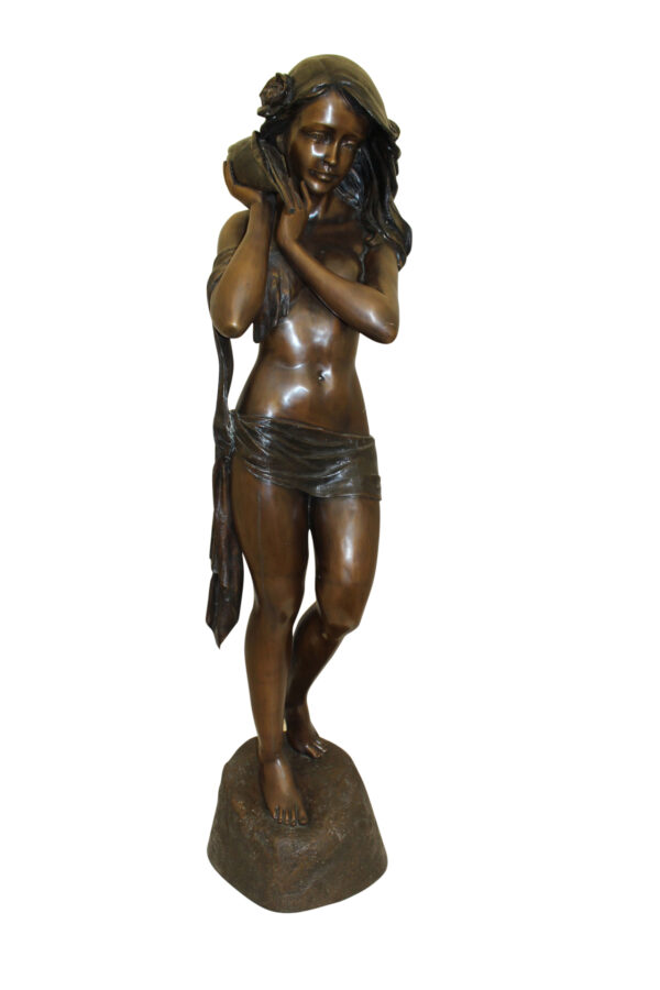 Girl Holding a Sea Shell Bronze Statue -  Size: 13"L x 14"W x 57"H.