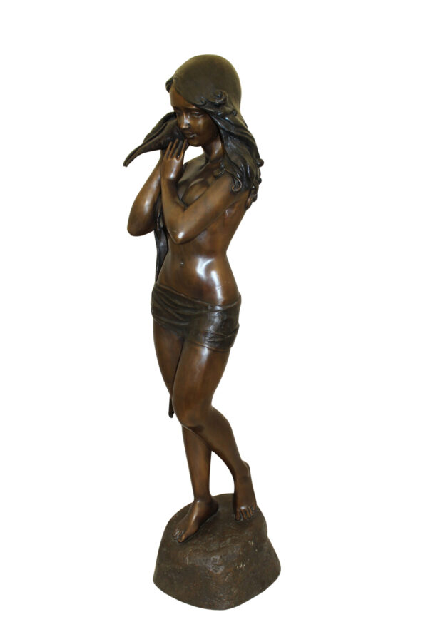 Girl Holding a Sea Shell Bronze Statue -  Size: 13"L x 14"W x 57"H.