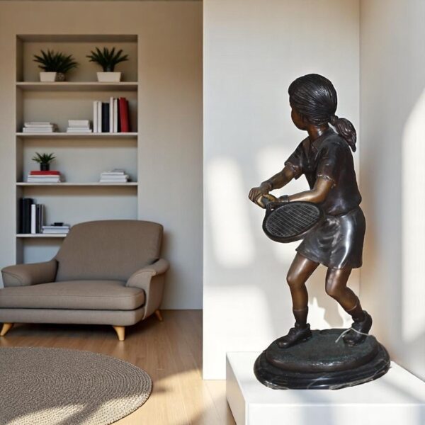Bronze Girl Playing Tennis Statue - Image 2