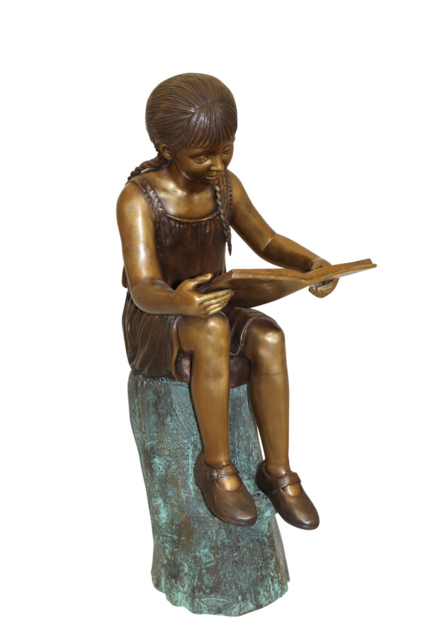 Girl Sitting on a Tree Stump Reading a Book Bronze Statue -  15"L x 17"W x 38"H