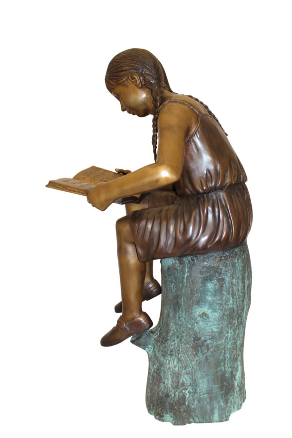 Girl Sitting on a Tree Stump Reading a Book Bronze Statue -  15"L x 17"W x 38"H
