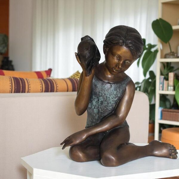 17" Girl listening To A Shell Fountain Statue - Image 3