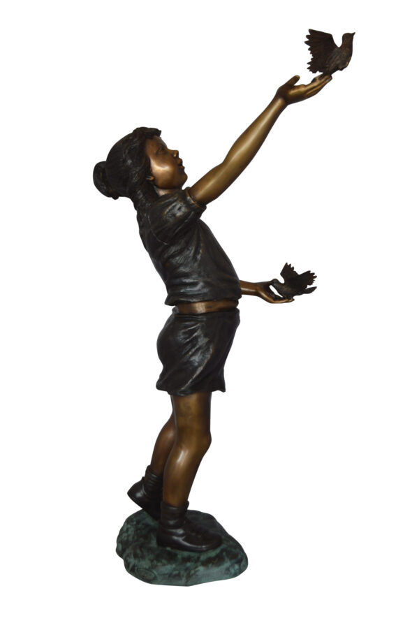 Girl - sandy, with two birds Bronze Statue -  Size: 25"L x 20"W x 42"H.
