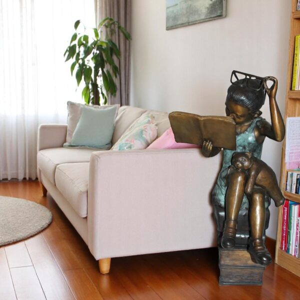 Girl sitting on a stack of books reading a book Bronze Statue -  17"x 18"x 36"H - Image 3