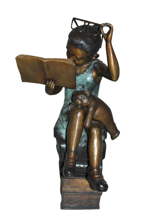 Girl sitting on a stack of books reading a book Bronze Statue -  17"x 18"x 36"H