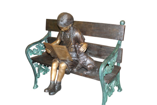 Girl sitting with her dog  on a bench,  reading Bronze Statue - 27" x 39" x 32"H