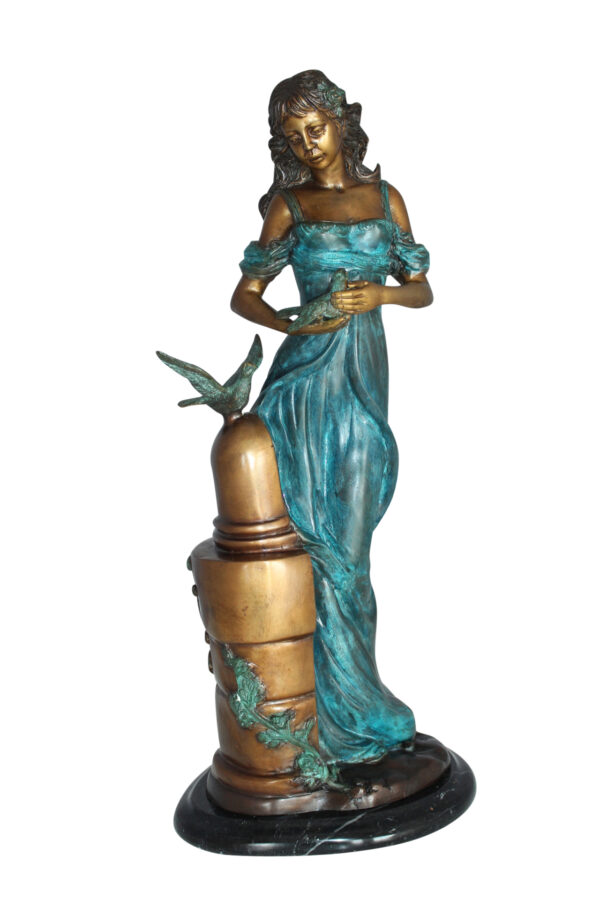 Girl with a Bird Bronze Statue -  Size: 7"L x 7"W x 18"H.