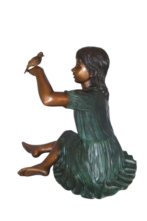 Girl with a Sparrow Bronze Statue -  Size: 24"L x 30"W x 25"H.