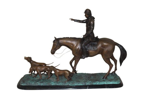 Hunter with 3 dogs Bronze Statue -  Size: 26"L x 8"W x 19"H.