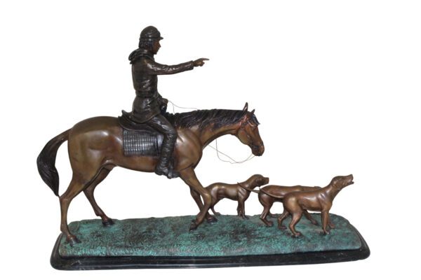 Hunter with 3 dogs Bronze Statue -  Size: 26"L x 8"W x 19"H.