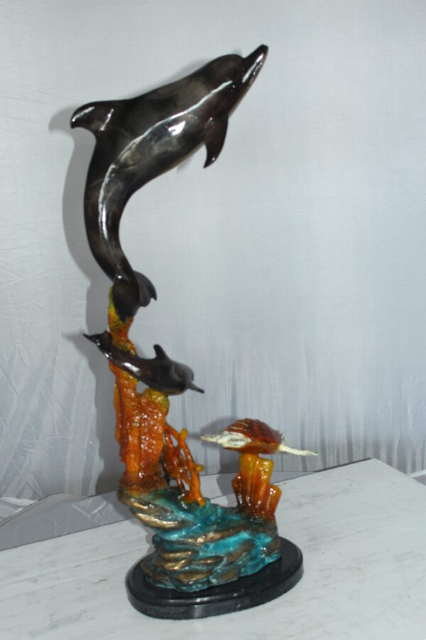 Two Dolphins with Turtle bronze statue -  Size: 14"L x 8"W x 28"H.