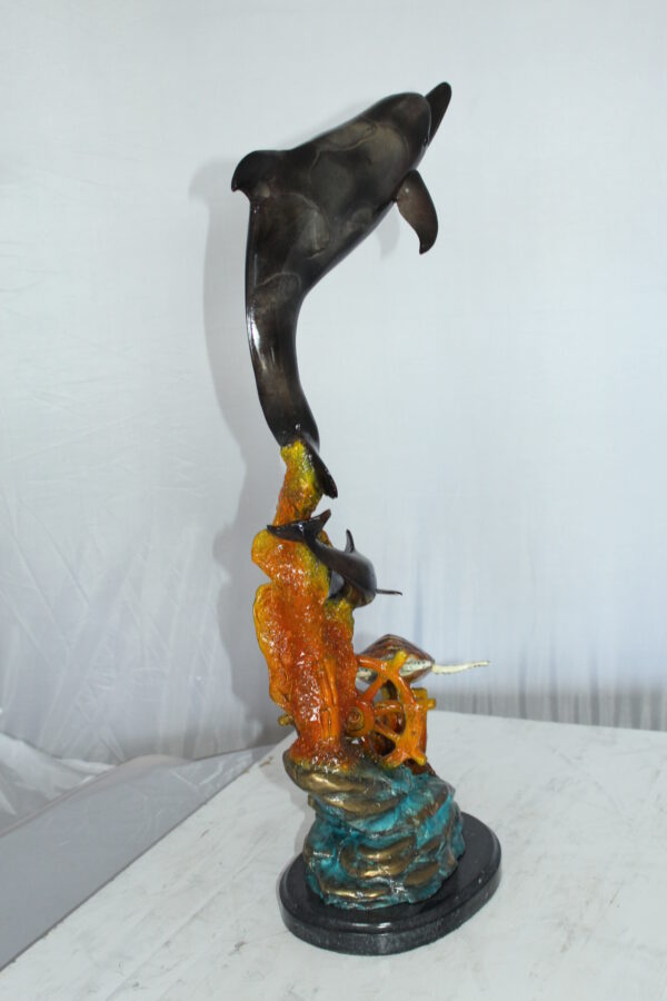 Two Dolphins with Turtle bronze statue -  Size: 14"L x 8"W x 28"H.